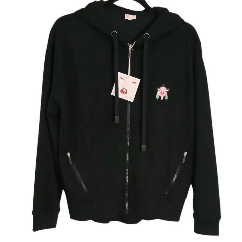 Badgley Mischka New  Black zip up size large with Embroidered Face Design